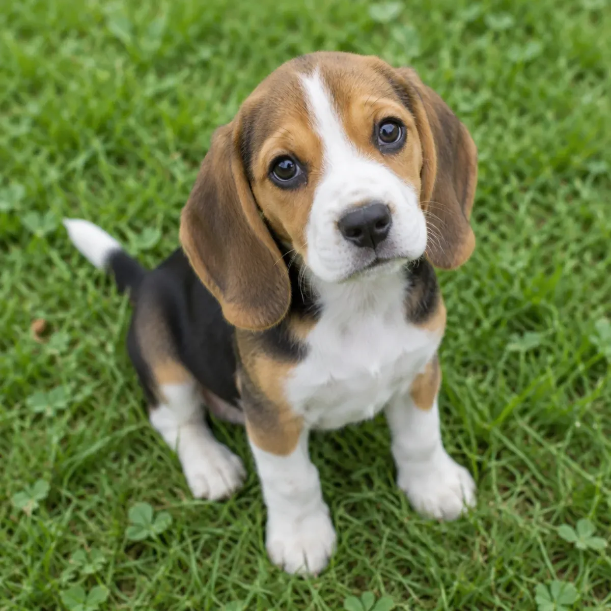 Cucciolo di beagle seduto sull'erba che guarda verso l'alto