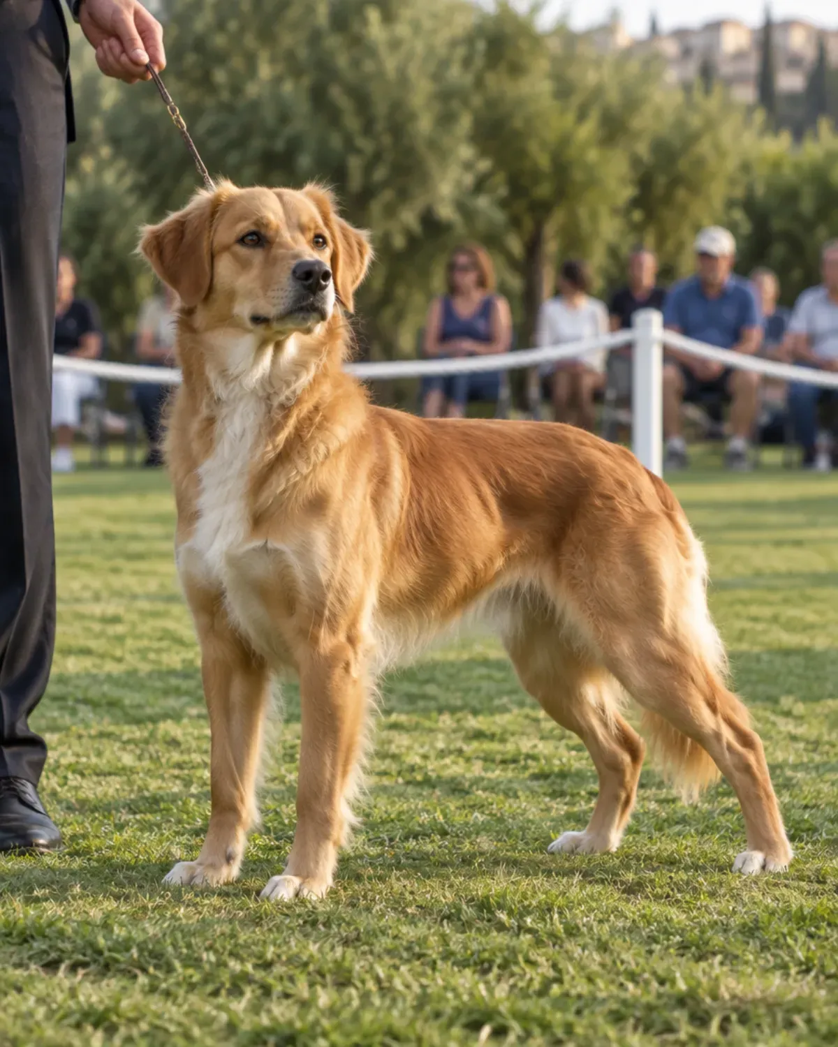 Cane dal pelo dorato in posa sul prato di un'esposizione, con il conduttore accanto